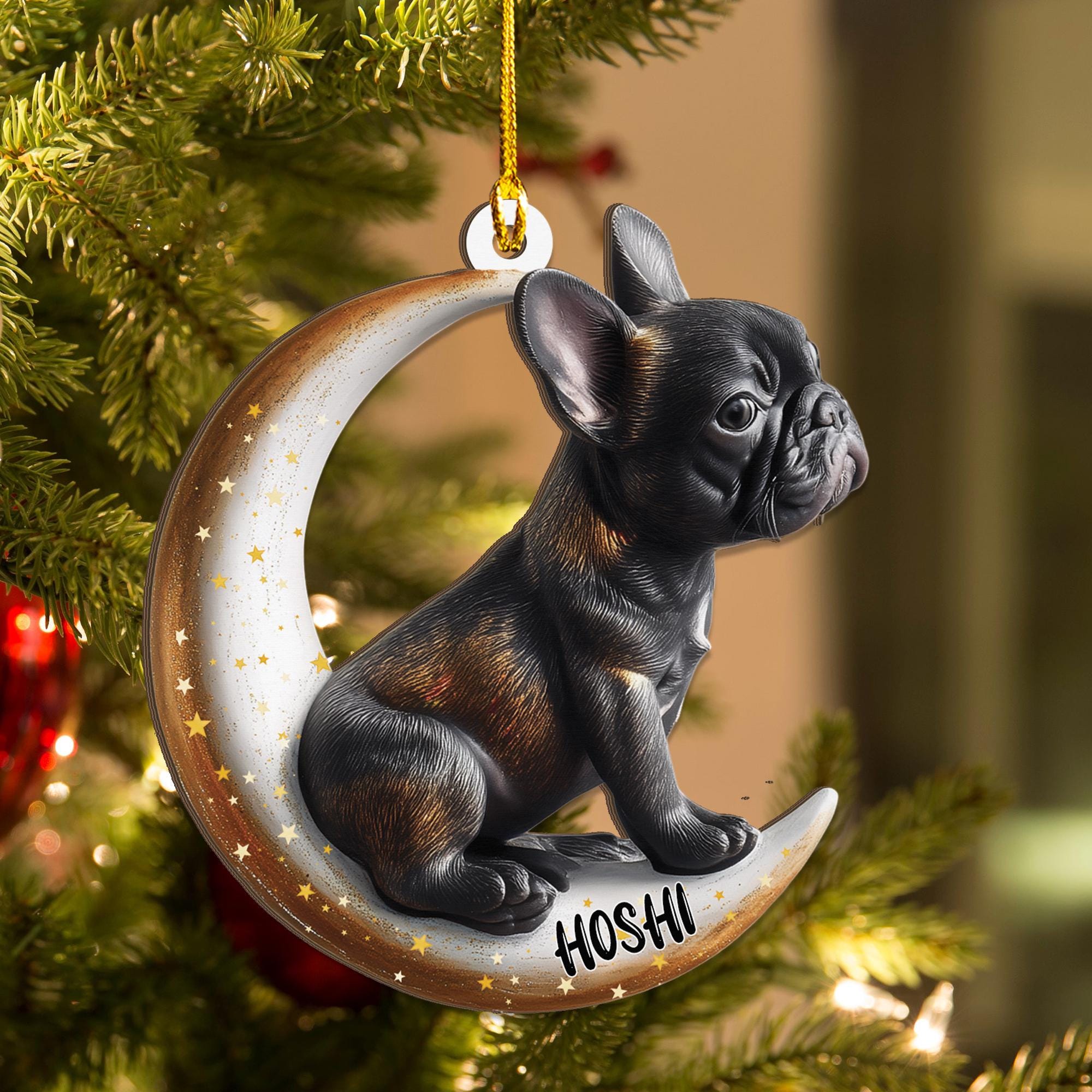 Personalized Black French Bulldog on Moon Christmas Wood Ornament