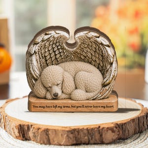 Può includere: Un ornamento commemorativo decorativo raffigurante un cucciolo beige scolpito che dorme sotto grandi ali d'angelo dettagliate. La base è realizzata in legno chiaro ed è incisa con il testo: "You may have left my arms, but you'll never leave my heart."