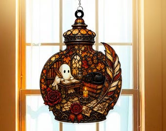 Enchanted Halloween Lantern Acrylic Suncatcher Window Hanger, Mystical Gothic Decor, Spooky Night Artwork, Witchy Seasonal Gift