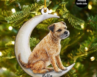 Personalized Border Terrier Dog on Moon Ash Plywood Ornament Flat 2D Holiday Tree Decor Gift Pet Lovers, Families, Puppy Keepsake