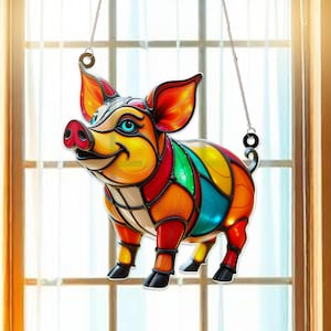 Pig Acrylic Suncatcher Window Hanging – Farm Animal Sun Catcher Art, Cute Country Decor, Whimsical Window or Door Hanging Accent