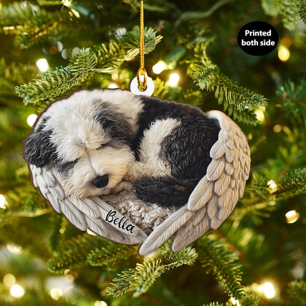 Personalisierter Engel-Weihnachtsbaumschmuck aus Eschenholz, Motiv eines Altenglischen Schäferhundes, flach, 2D, Geschenk für Hundeliebhaber, Erinnerungsstück an Haustiere