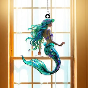 Mermaid Suncatcher Window Ornament | Acrylic Ocean Fantasy Decor for Windows | Gift for Mermaid Lovers | Coastal & Nautical Home Accent