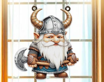 Wikinger Gnom Fensterschmuck Acryl Suncatcher Fensterschmuck | Nordischer Krieger Gnom Dekor | Nordische Fensterdekoration Geschenk für Ihn