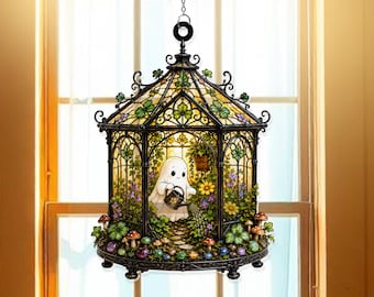 Ghost Greenhouse Halloween Acrylic Suncatcher Window Hanger, Botanical Gothic Decor, Haunted Garden Artwork, Spooky Nature Gift