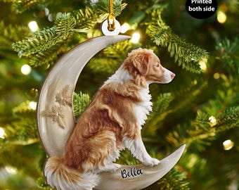 Könnte beinhalten: Weihnachtsschmuck mit einem Hund, der auf einem Halbmond sitzt. Der Hund ist braun und weiß, mit dem Namen "Bella" auf dem Mond. Der Schmuck hängt an einem goldenen Faden vor einem Weihnachtsbaum.