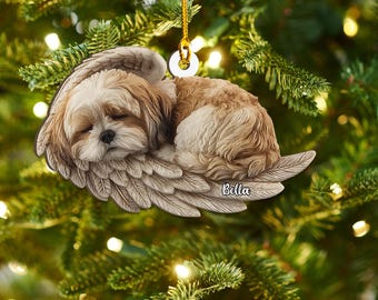 Personalized Lhasa Apso Dog Sleeping Angel Wings Wood Ornament Holiday Tree Decor Gift for Pet Lovers, Memorial Keepsake Gift
