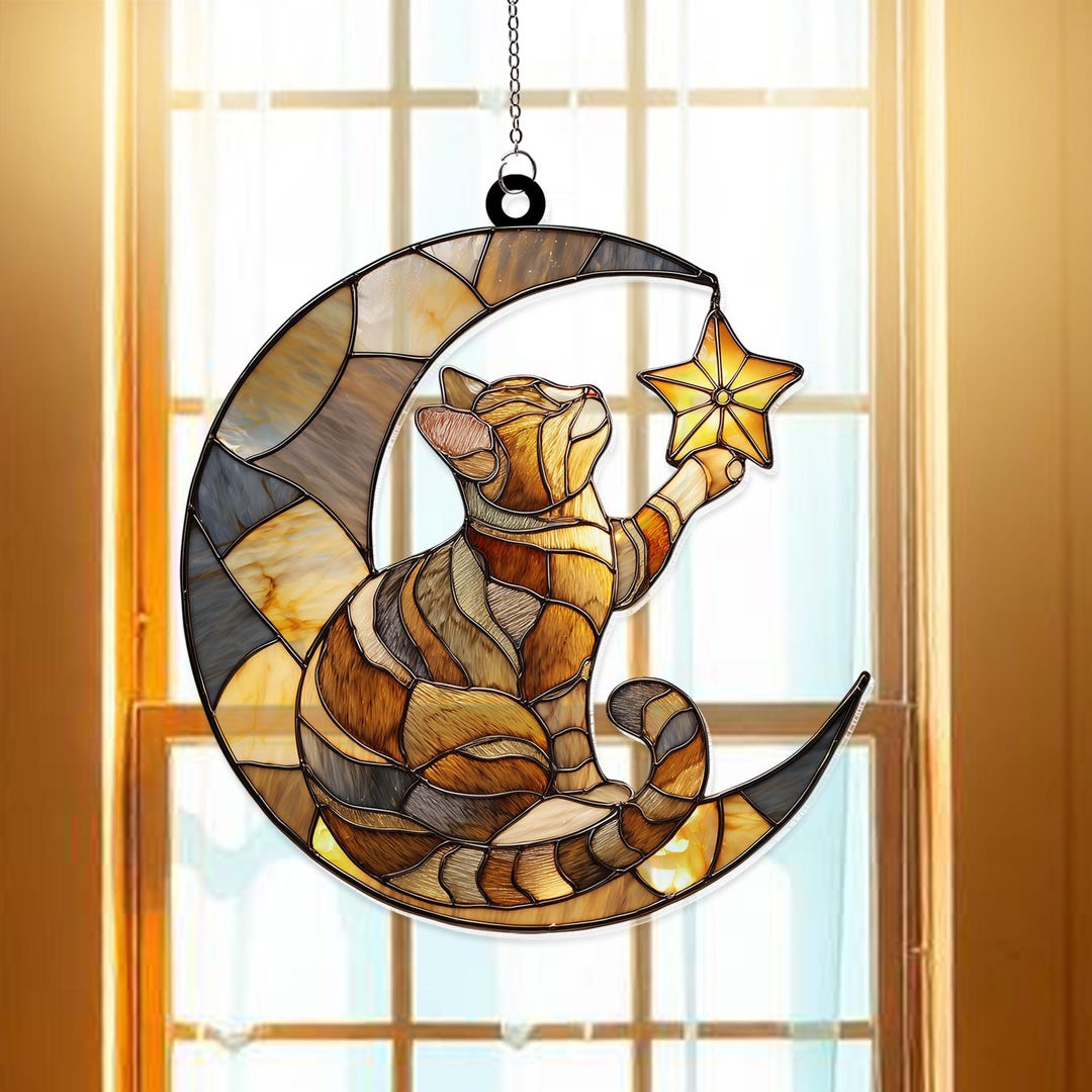 Tabby Cat on Crescent Moon Acrylic Suncatcher Window Hanging, Celestial ...