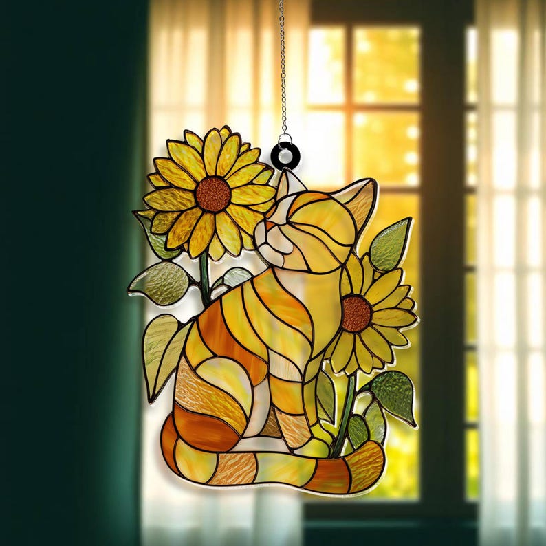 Sunflower Tabby Cat Acrylic Suncatcher Window Hanging, Cute Cat Lover ...