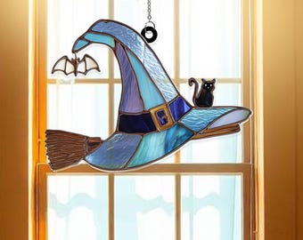 Witch Hat with Black Cat Acrylic Suncatcher – Spooky Halloween Window Hanging | Cute Witchy Decor | Unique Gift for Cat and Witch Lovers
