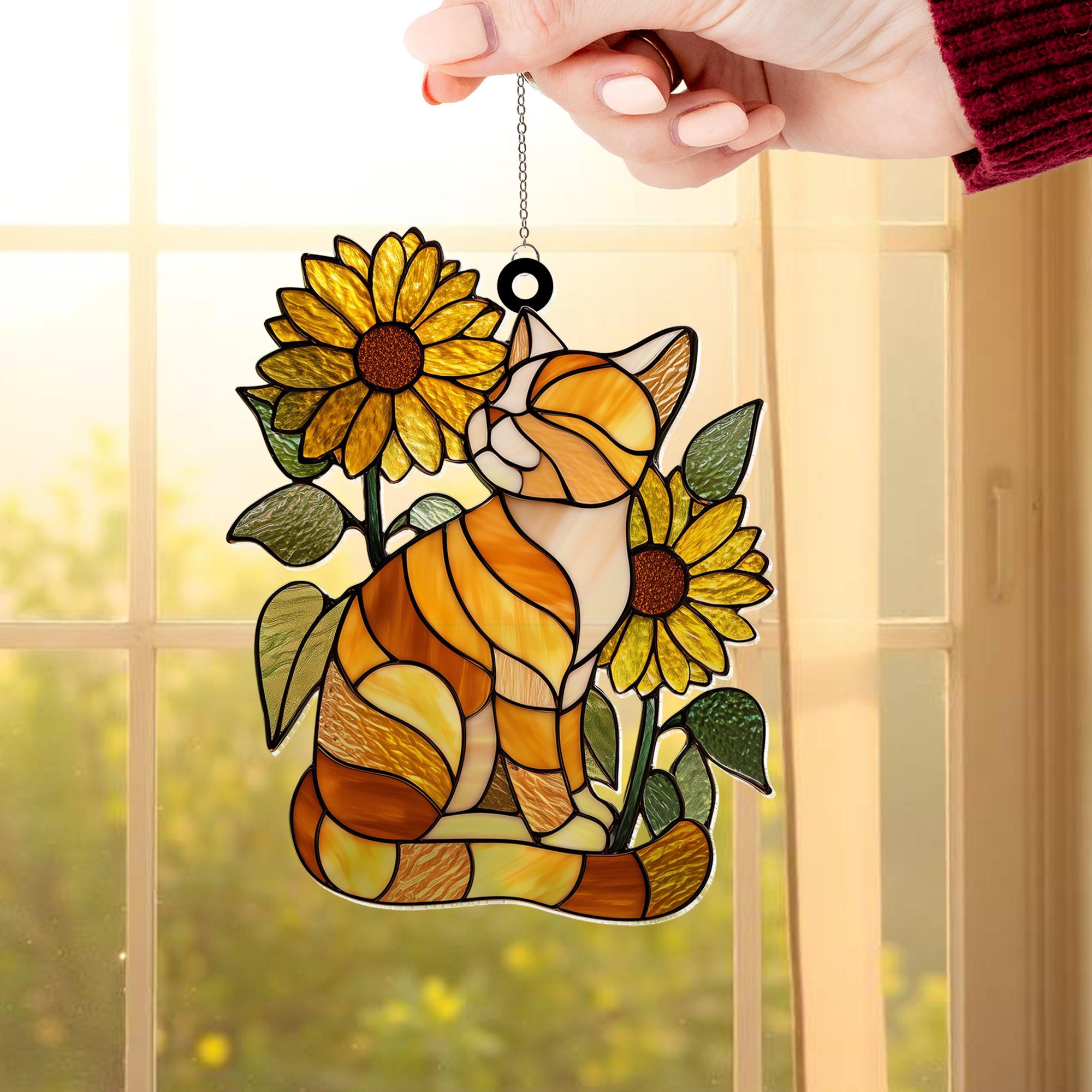 Sunflower Tabby Cat Acrylic Suncatcher Window Hanging, Cute Cat Lover ...