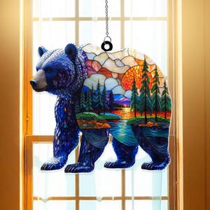 Bear Acrylic Suncatcher Window Ornament | Wildlife Glass Look Decor | Rustic Bear Art Hanging | Nature-Inspired Gift | Cabin Forest Style