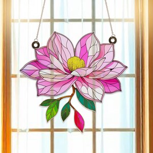Magnolie rosa Suncatcher Fensterschmuck | Acryl Blumen hängenden Dekor | Frühling Geschenk für Garten & Blumenliebhaber