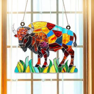 May include: A stained glass window hanging with a colorful depiction of a bison. The bison is made of red, orange, yellow, blue, and green glass pieces. The bison is standing on a green grass background.