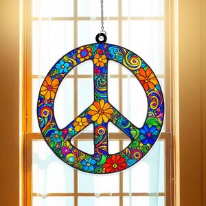Peace Sign Hippie Acrylic Suncatcher Window Hanging | Retro Boho Window Decor | Groovy Peace Symbol Sun Catcher | 70s Hippie Vibes Gift