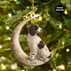 Personalized English Springer Spaniel  Dog on Moon Ash Plywood Ornament Flat 2D Cutout Holiday Tree Decor Gift Pet Families Puppy Keepsake