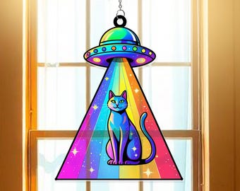 UFO Cat Abduction Acrylic Suncatcher Window Hanging | Whimsical Alien Cat Decor | UFO Window Ornament | Cosmic Sun Catcher Gift Cat Lovers