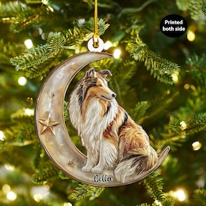 Personlig Collie på månen, askplywoodprydnad, platt 2D-utklippt julgransdekoration, present till husdjursälskare, familjer, hundägare, minnessak