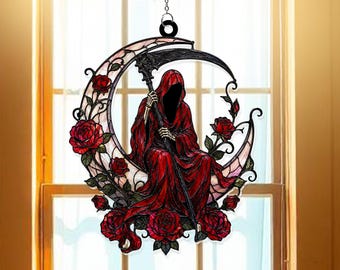 Grim Reaper Moon Halloween Acrylic Suncatcher Window Hanger, Gothic Night Decor, Dark Fantasy Artwork, Spooky Halloween Gift