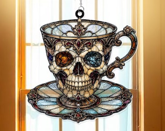 Gothic Victorian Skull Teacup Halloween Acrylic Suncatcher Window Hanger, Dark Vintage Decor, Creepy Tea Artwork, Gothic Gift