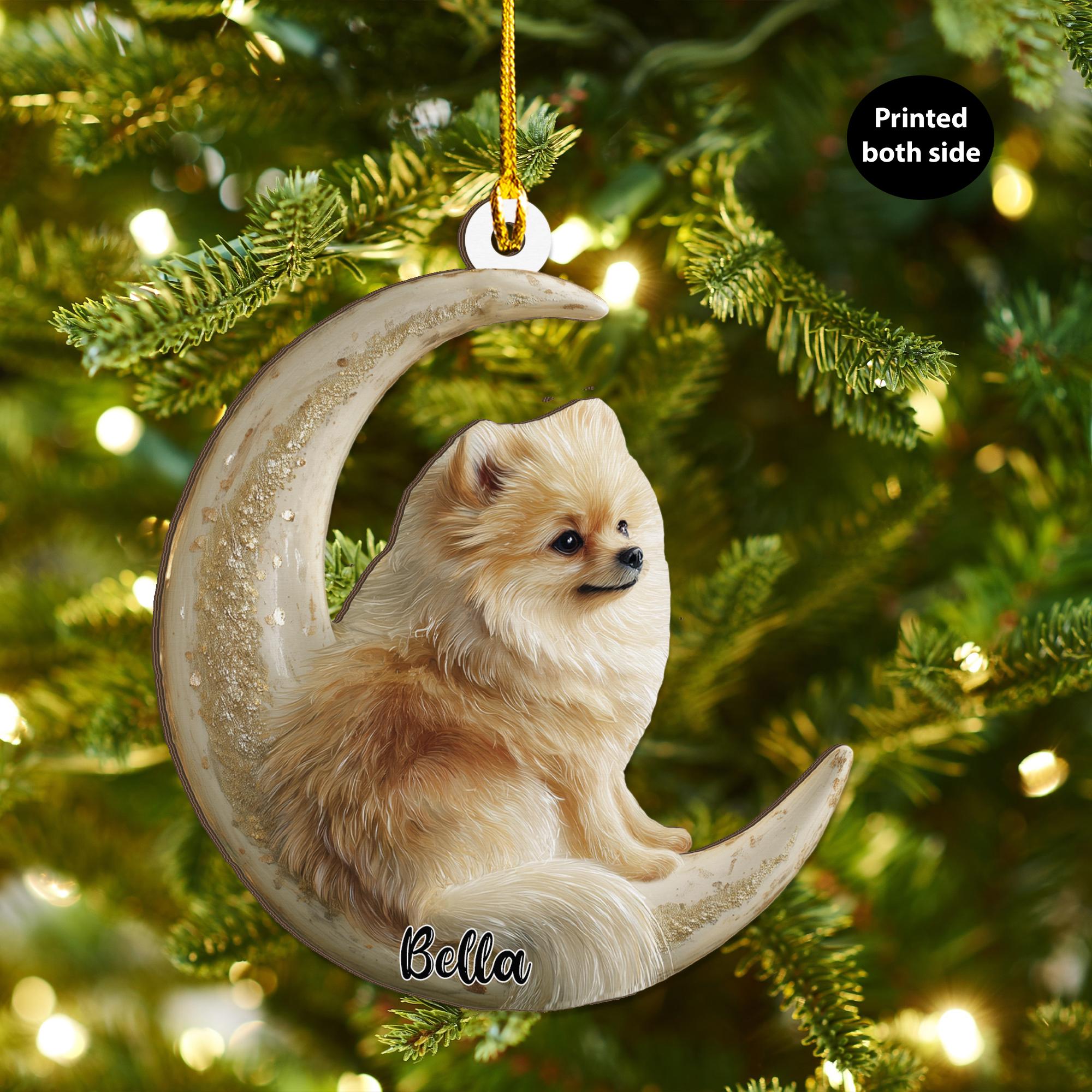 Personalized Pomeranian Dog on Moon Ash Plywood Ornament Flat 2D