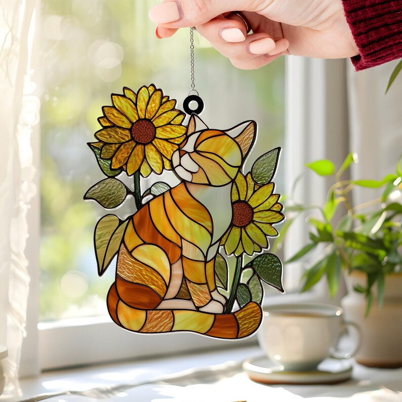 Sunflower Tabby Cat Acrylic Suncatcher Window Hanging, Cute Cat Lover ...