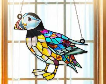 Atrapasol acrílico de frailecillo para colgar en la ventana, adorno decorativo de aves costeras, atrapasol de vida silvestre marina, regalo de frailecillo para amantes del océano y la naturaleza.