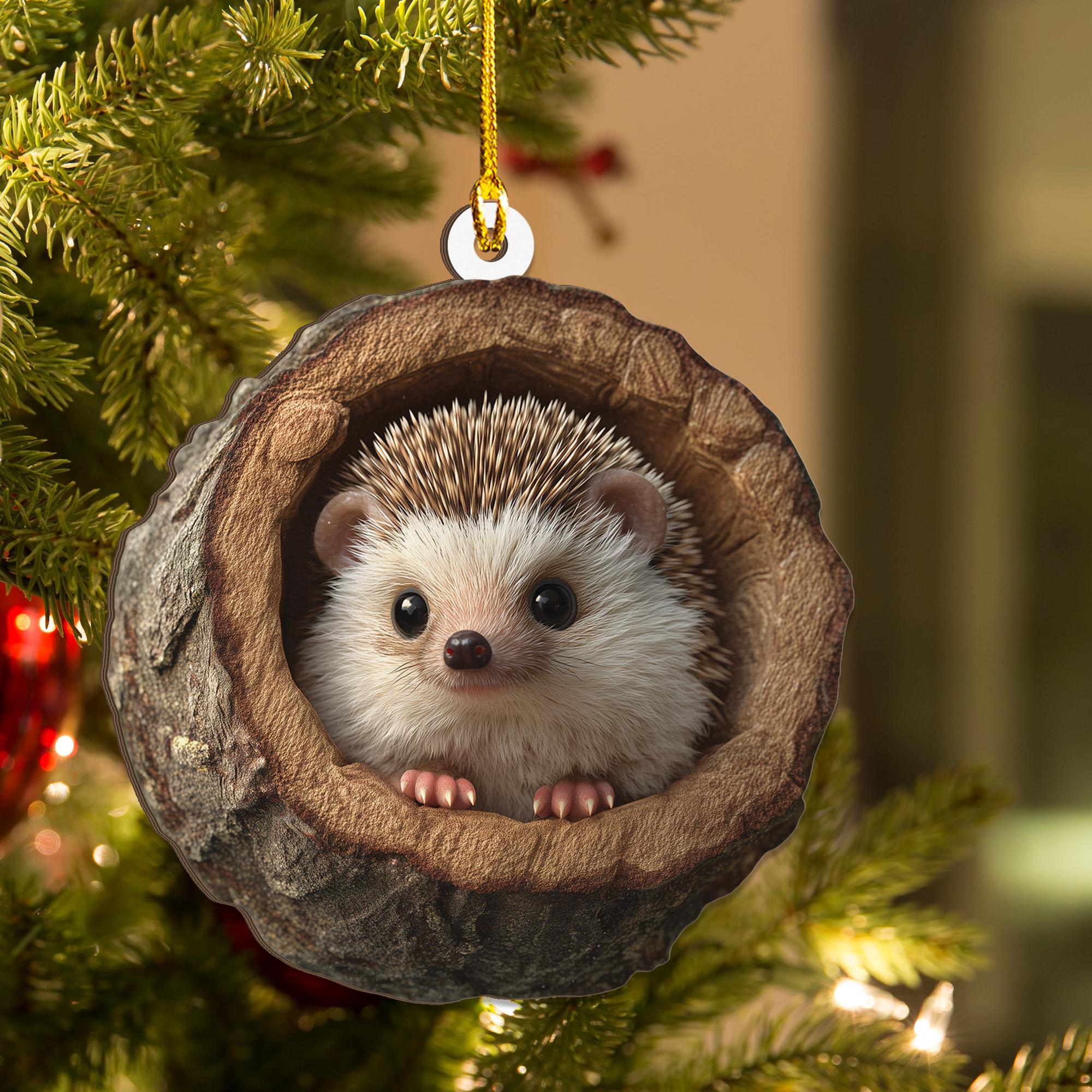 ハリネズミのクリスマス2Dフラット木製オーナメント – 愛らしい森の