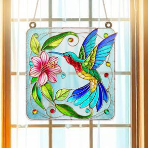 Hummingbird and Flower Suncatcher Acrylic Window Hanging Ornament, Suncatcher Ornament Gift, Windows Suncather, Custom Shape Suncatcher