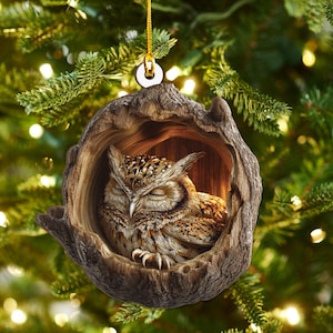 Sleeping Owl Christmas 2D Flat Wood Ornament – Peaceful Woodland Bird Ash Plywood Decor | Cute Holiday Tree Gift for Owl & Nature Lovers