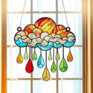 Pendurador de janela de acrílico com apanhador de sol em forma de nuvem e chuva colorida | Decoração de chuva de arco-íris caprichosa | Ideia de presente fofa para enfeite de janela com clima