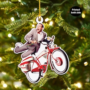 Pee Wee e sua bicicleta enfeite de madeira, decoração de árvore de Natal enfeite de madeira presente, decoração engraçada de árvore de Natal presente, decoração de Natal meme