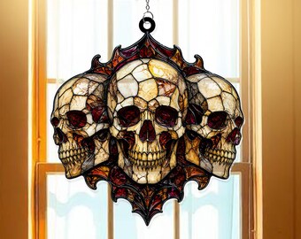 Gothic Skulls Halloween Acrylic Suncatcher Window Hanger, Dark Horror Decor, Creepy Skeleton Artwork, Spooky Gothic Gift