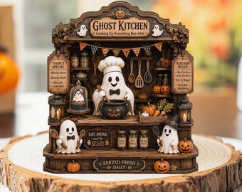 Spooky Ghost Kitchen Halloween Flat 2D Wooden Block, Cozy Baking Shelf Decor, Farmhouse Autumn Counter Accent, Holiday Gift
