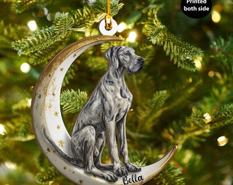 Personalized Great Dane Dog on Moon Ash Plywood Ornament Flat 2D Holiday Tree Decor Gift Pet Lovers Families Puppy Keepsake