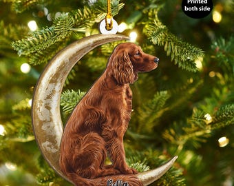 Personalized Irish Setter Dog on Moon Ash Plywood Ornament Flat 2D Cutout Holiday Tree Decor Gift Pet Lovers Families Puppy Keepsake