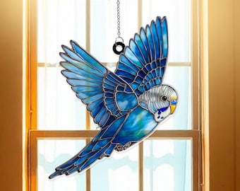 Acchiappasole in acrilico con pappagallo blu da appendere alla finestra – Regalo personalizzato in acrilico trasparente, decorazione per uccelli colorati, regalo per gli amanti degli animali domestici con pappagallo