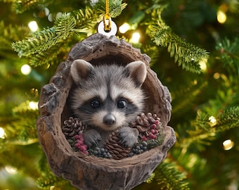 Lindo adorno navideño de mapache plano en 2D de madera – Divertido regalo de decoración navideña de madera contrachapada de fresno con forma de animal para niños, amigos y familiares.