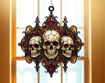 Gothic Three Skulls Halloween Acrylic Suncatcher Window Hanger, Dark Horror Decor, Creepy Skeleton Artwork, Haunted Holiday Gift