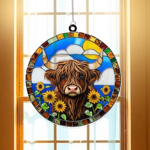 Sunflowers Highland Cow Suncatcher | Rustic Farmhouse Window Hanging | Floral Cow Glass Decor | Country Gift Idea | Western Home Art Decor