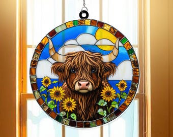 Sunflowers Highland Cow Suncatcher | Rustic Farmhouse Window Hanging | Floral Cow Glass Decor | Country Gift Idea | Western Home Art Decor