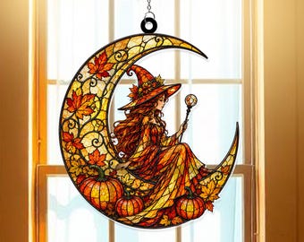 Autumn Witch Moon Halloween Acrylic Suncatcher Window Hanger, Gothic Night Decor, Mystical Spell Artwork, Spooky Seasonal Gift
