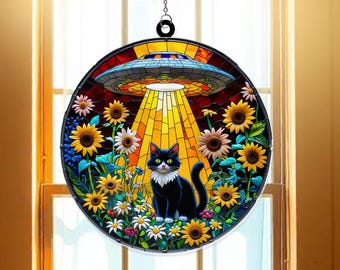 UFO and Alien Cat Acrylic Suncatcher Window Hanging | Whimsical Alien Cat Decor | Outer Space Window Ornament | Cosmic Sun Catcher Gift