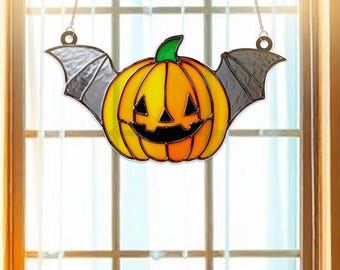 Halloween Pumpkin with Bat Wings Acrylic Suncatcher – Spooky Window Hanging Decor | Cute Pumpkin Bat Gift | Unique Halloween Keepsake