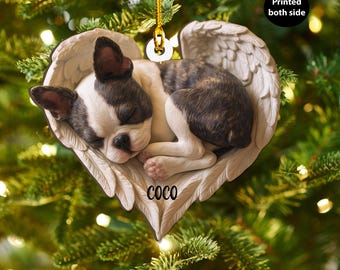 Personalized Boston Terrier Angel Ash Plywood Ornament, Flat 2D Holiday Tree Decor Gift for Dog Lovers, Pet Memorial Families Keepsake