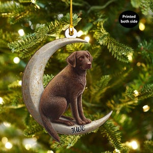 May include: A brown Labrador Retriever ornament sits on a crescent moon with the name "June" printed on it. The ornament is suspended by a gold string and is set against a backdrop of a Christmas tree. The text "Printed both side" is visible.