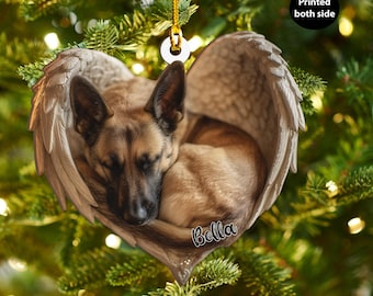 Adorno de ángel de perro malinois personalizado de madera contrachapada de fresno, recorte plano en 2D, decoración para árbol de Navidad, regalo para amantes de los perros, recuerdo conmemorativo para mascotas y familias.