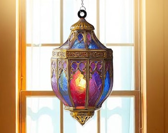 May include: A hanging stained glass lantern with a gold-colored metal frame. The lantern features panels of blue, purple, and red glass. The lantern is suspended by a chain and ring. The light inside the lantern is glowing.