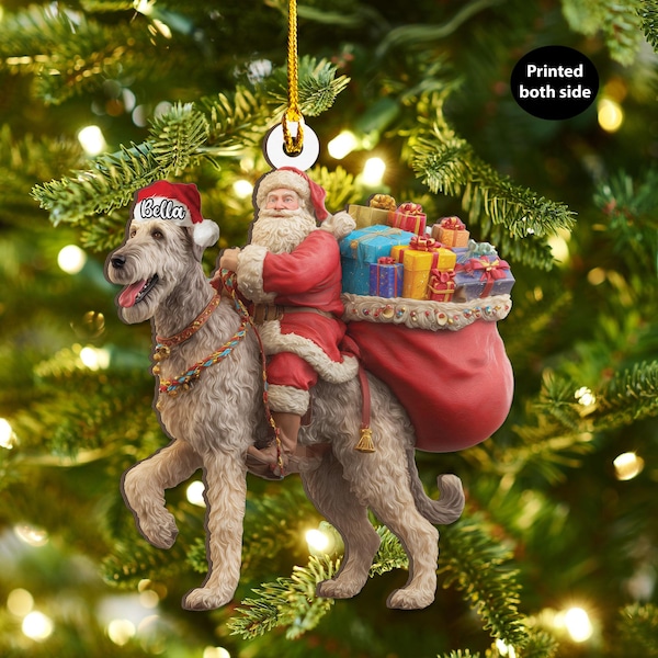 Personalized Irish Wolfhound dog Santa Christmas Wood Ornament, Flat 2D Holiday Tree Decor Gift For Dog Lovers, Families Pet Keepsake Idea