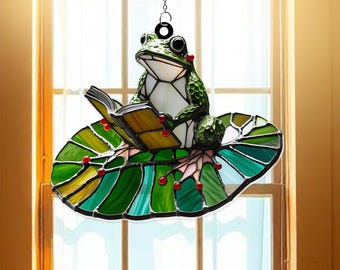 Frog Reading Book Suncatcher Window Hanging Ornament, Suncatcher Ornament Gift, Cool Suncather Windows, Custom Shape Suncatcher